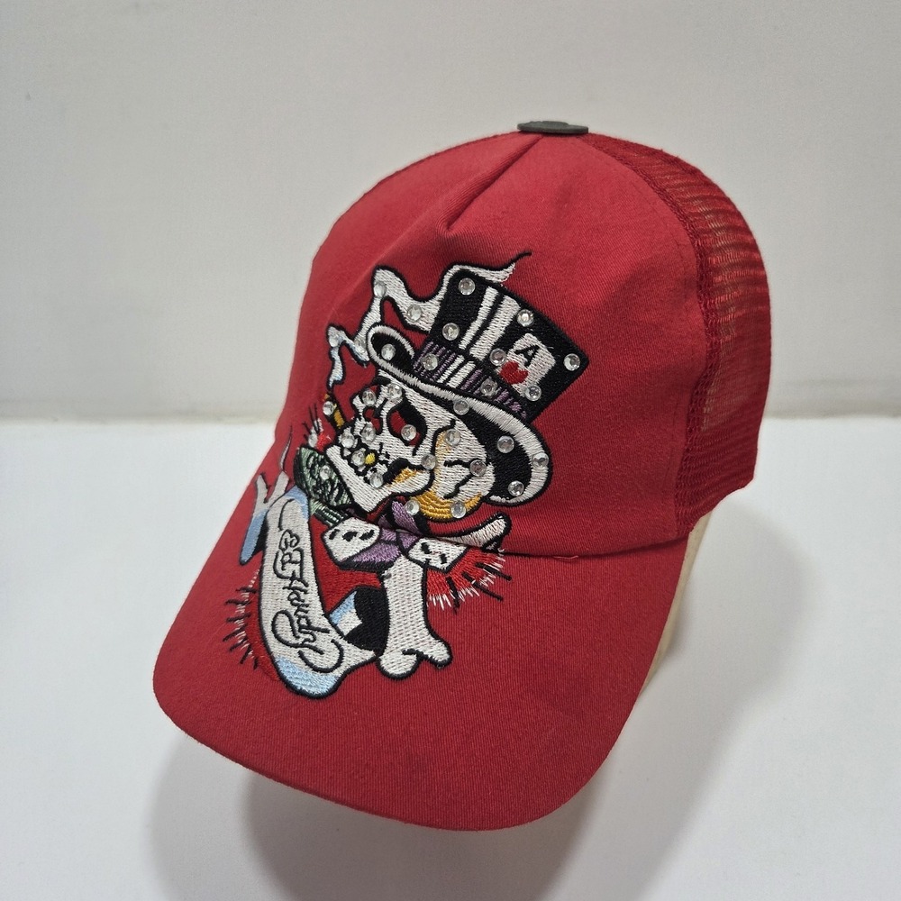 Ed Hardy SKULL & BONES Vintage Tattoo Wear Red Snapback Trucker Hat